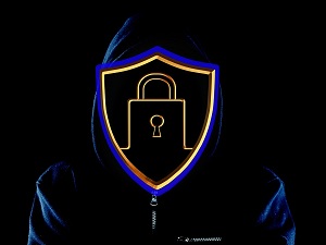 Lock and security image in front of figure with hoodie